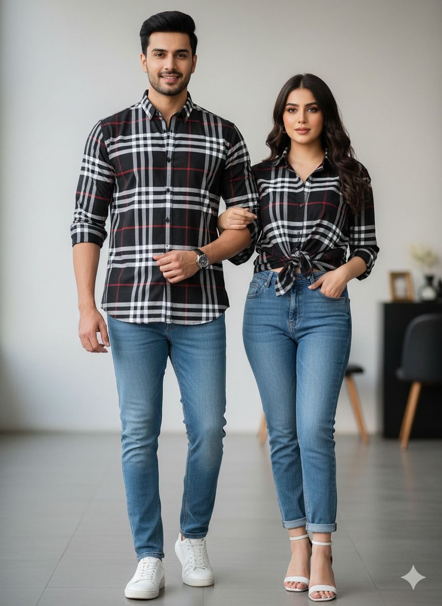 Midnight Check Plaid Button-Down Shirt – Unisex Black Tartan Long Sleeve | Couple Matching Set