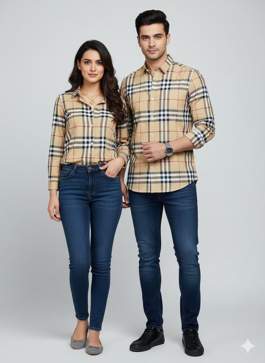 Heritage Check Classic Plaid Button-Down Shirt – Unisex Camel Tartan Long Sleeve | His & Hers Set
