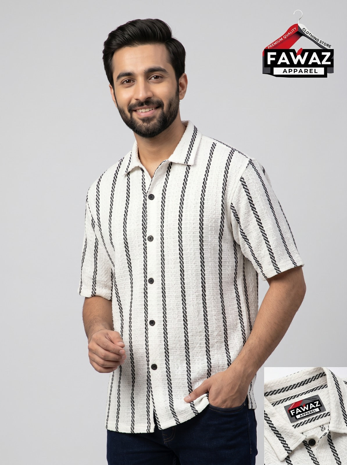 Resort Stripe Camp Collar Shirt – Men’s White & Black Textured Short Sleeve Casual Shirt