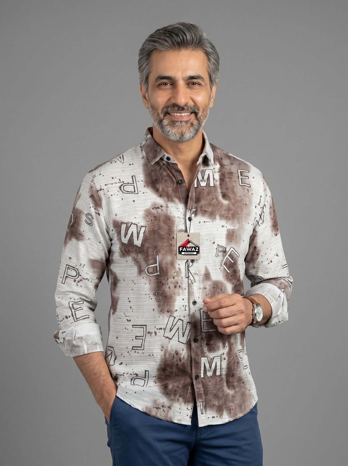 Urban Script Printed Button-Down Shirt – Men’s White Graphic Typography Long Sleeve Casual Shirt