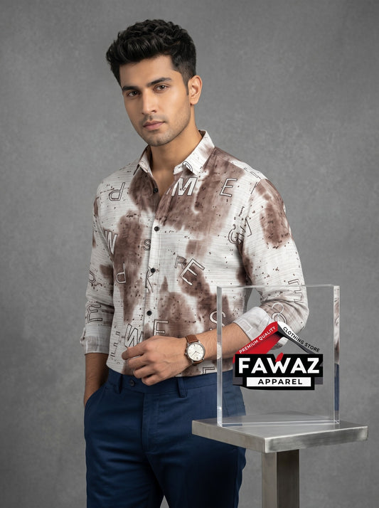 Urban Script Printed Button-Down Shirt – Men’s White Graphic Typography Long Sleeve Casual Shirt