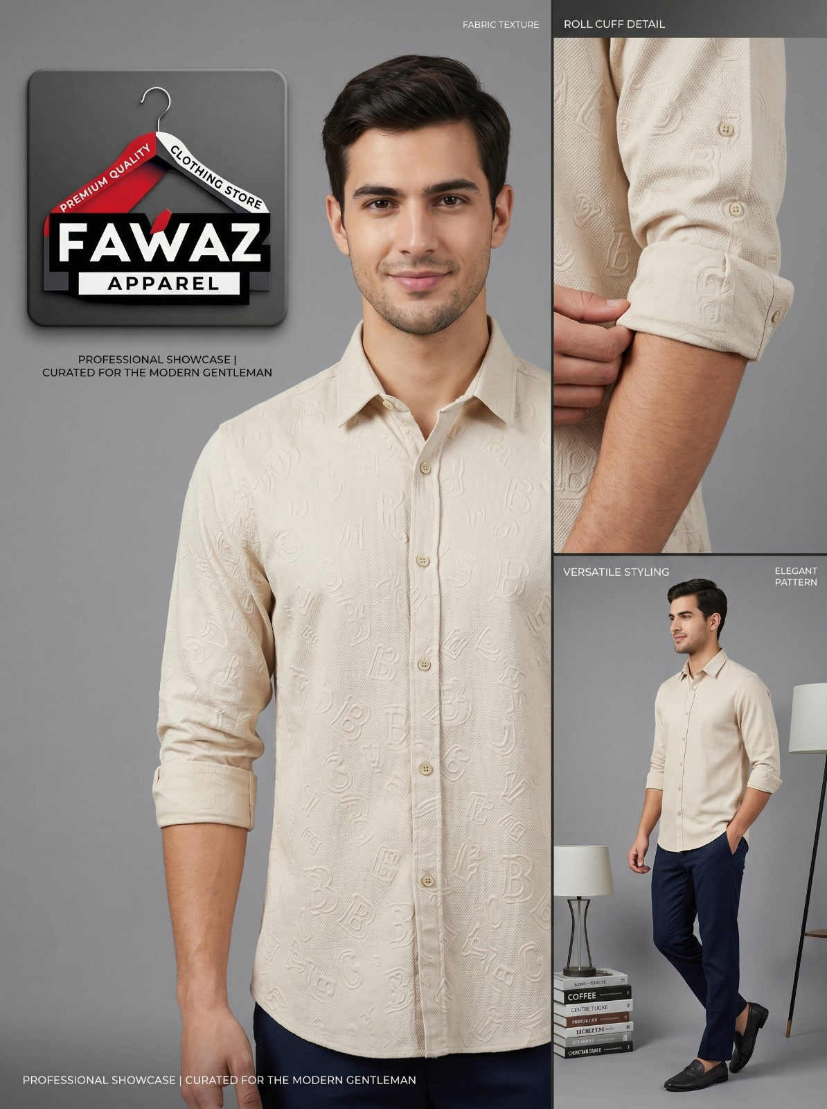 Squad Textured Button-Down Shirt – Sand Beige Embossed Long Sleeve Casual Shirt