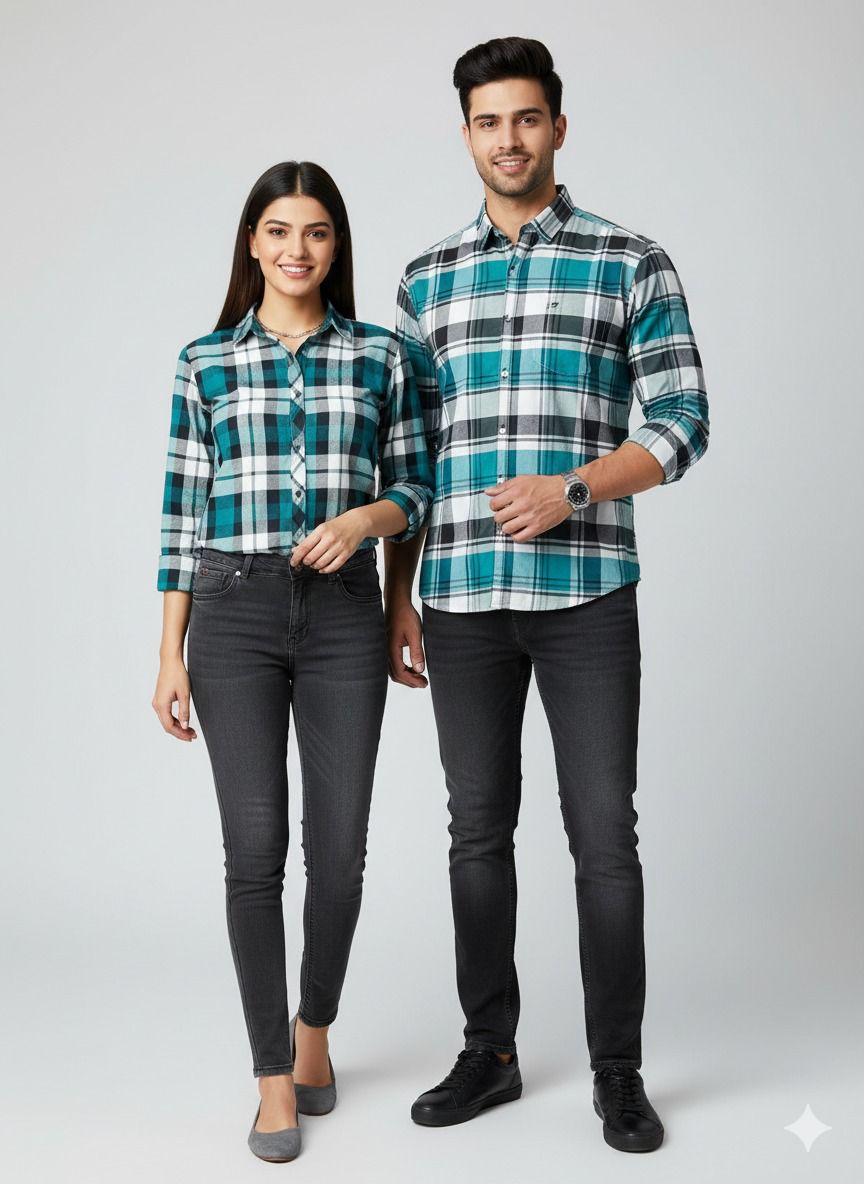 Ocean Drive Plaid Button-Down Shirt – Unisex Teal, Black & White Tartan Long Sleeve | Couple Matching Set