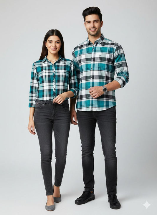 Ocean Drive Plaid Button-Down Shirt – Unisex Teal, Black & White Tartan Long Sleeve | Couple Matching Set