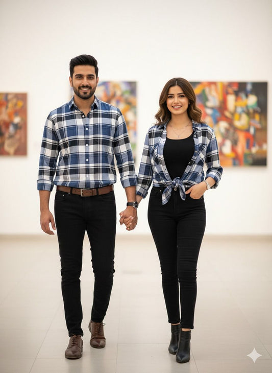 Gallery Blue Plaid Button-Down Shirt – Unisex Navy, Black & White Tartan Long Sleeve | Couple Matching Set