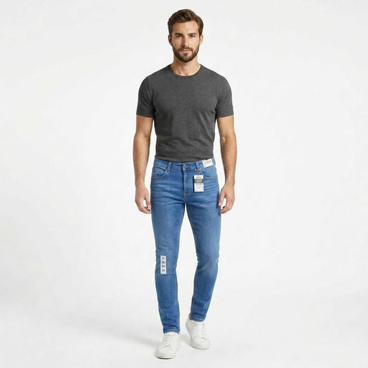 Essential Slim Fit Jeans – Men’s Medium Blue Wash Stretch Denim 5-Pocket Jeans
