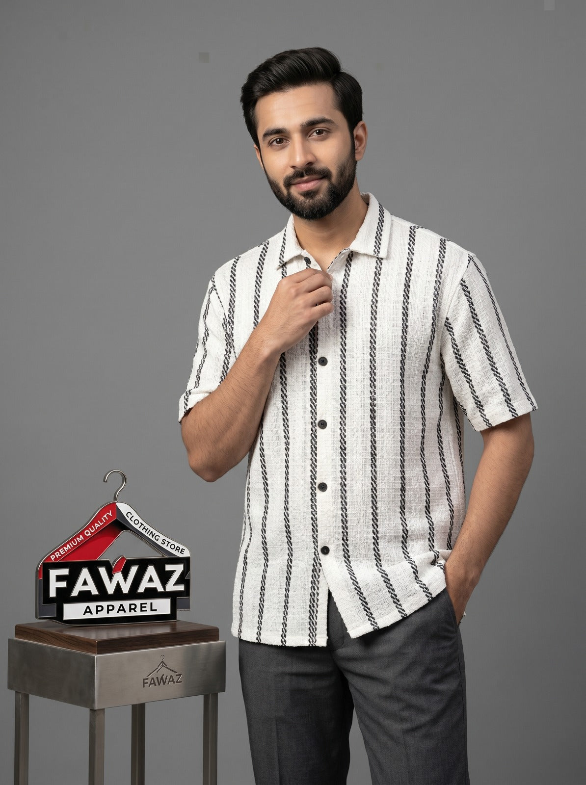 Modern Stripe Button-Down Shirt – Men’s Black & Grey Vertical Stripe Long Sleeve Casual Shirt