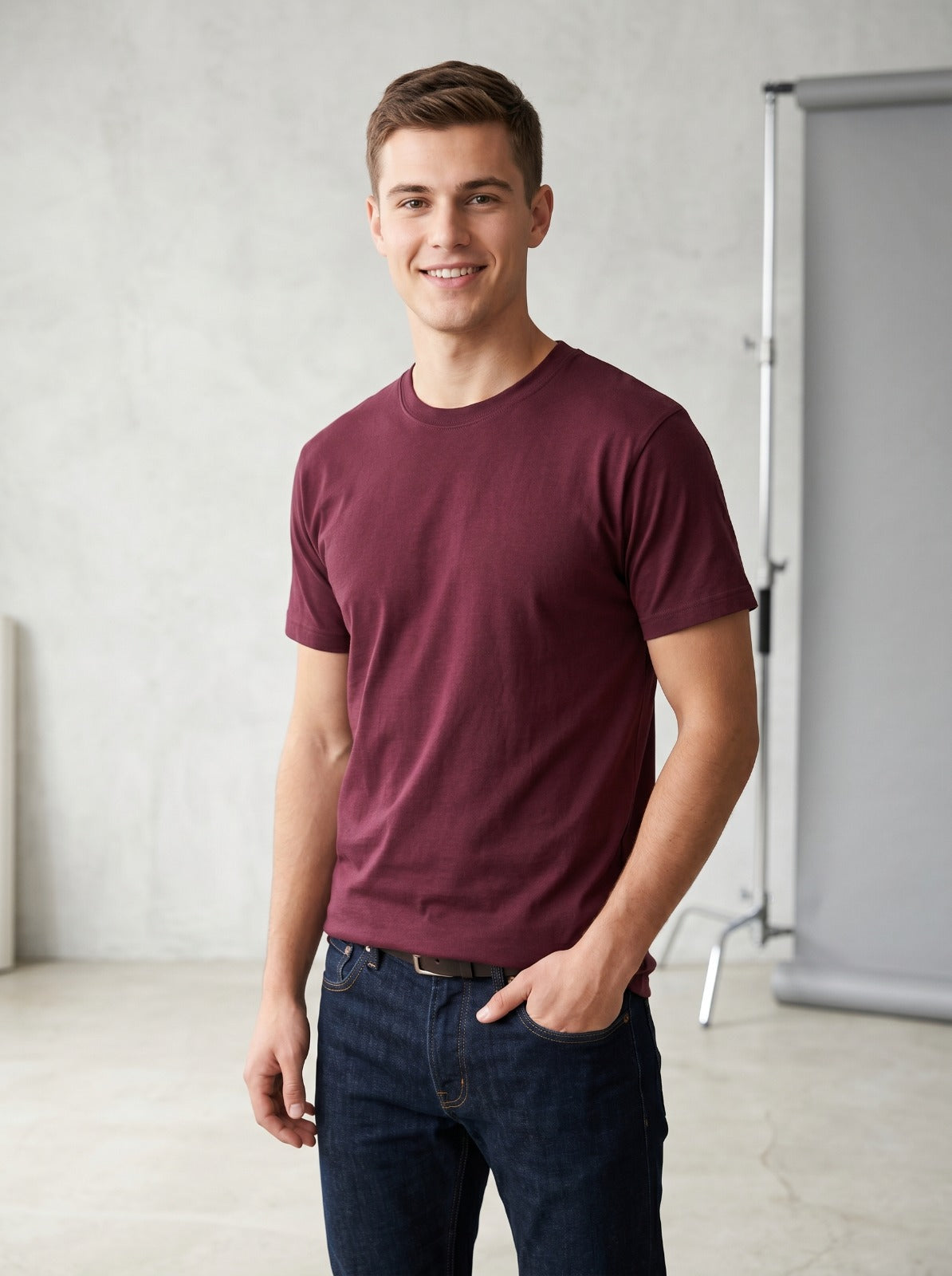 Essential Crew Neck Tee – Men’s Wine Burgundy Short Sleeve Basic T-Shirt