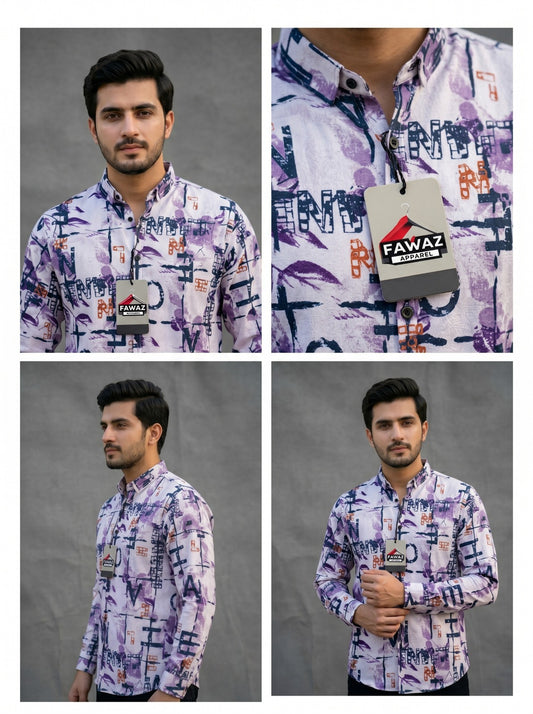 Urban Script Printed Button-Down Shirt – Men’s Lavender Graphic Typography Long Sleeve Casual Shirt