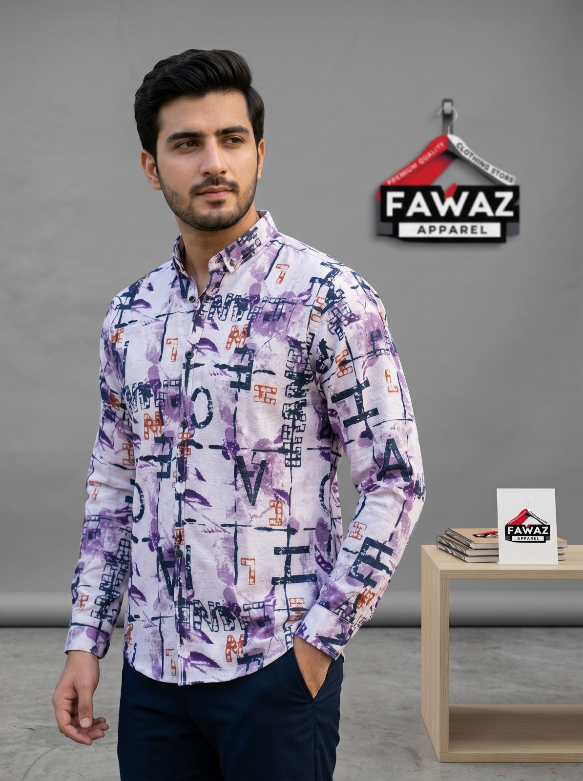 Urban Script Printed Button-Down Shirt – Men’s Lavender Graphic Typography Long Sleeve Casual Shirt
