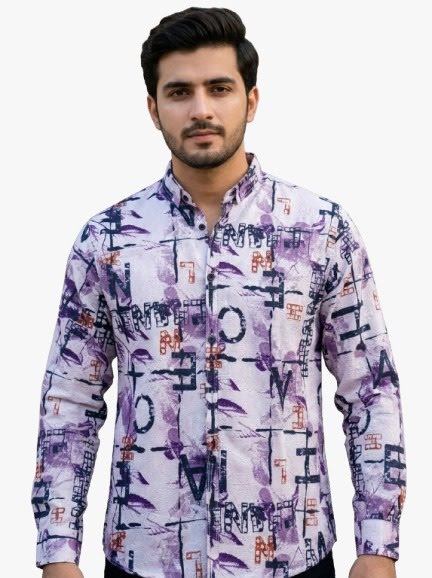Urban Script Printed Button-Down Shirt – Men’s Lavender Graphic Typography Long Sleeve Casual Shirt