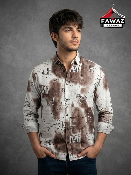 Urban Script Printed Button-Down Shirt – Men’s White Graphic Typography Long Sleeve Casual Shirt
