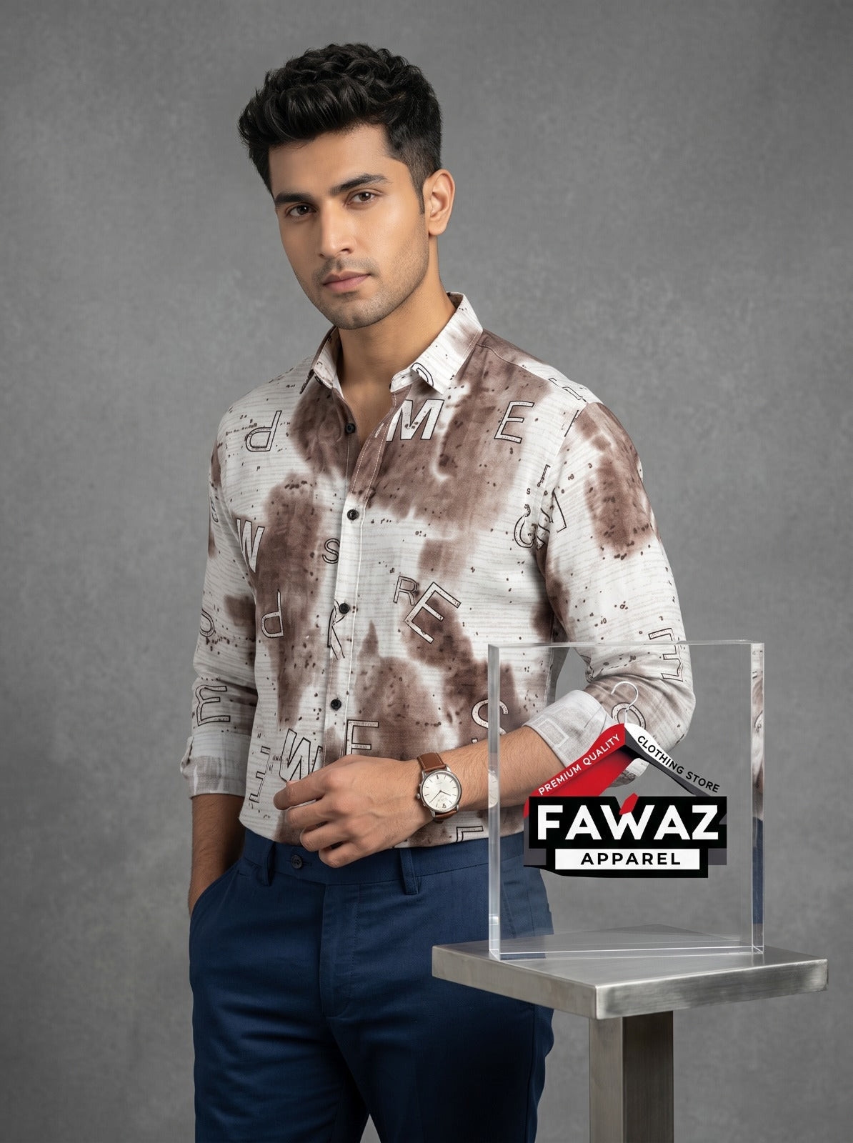 Urban Script Printed Button-Down Shirt – Men’s White Graphic Typography Long Sleeve Casual Shirt