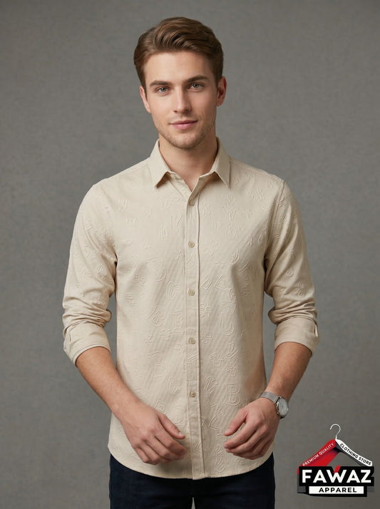 Squad Textured Button-Down Shirt –  Sand Beige Embossed Long Sleeve Casual Shirt