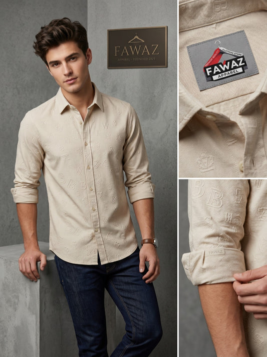 Squad Textured Button-Down Shirt –  Sand Beige Embossed Long Sleeve Casual Shirt
