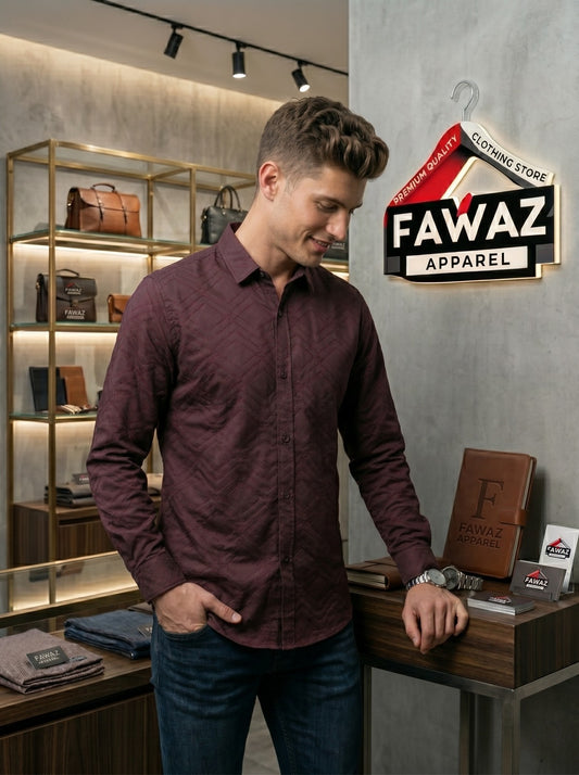Geometric Luxe Button-Down Shirt – Men’s Burgundy Textured Long Sleeve Casual Shirt
