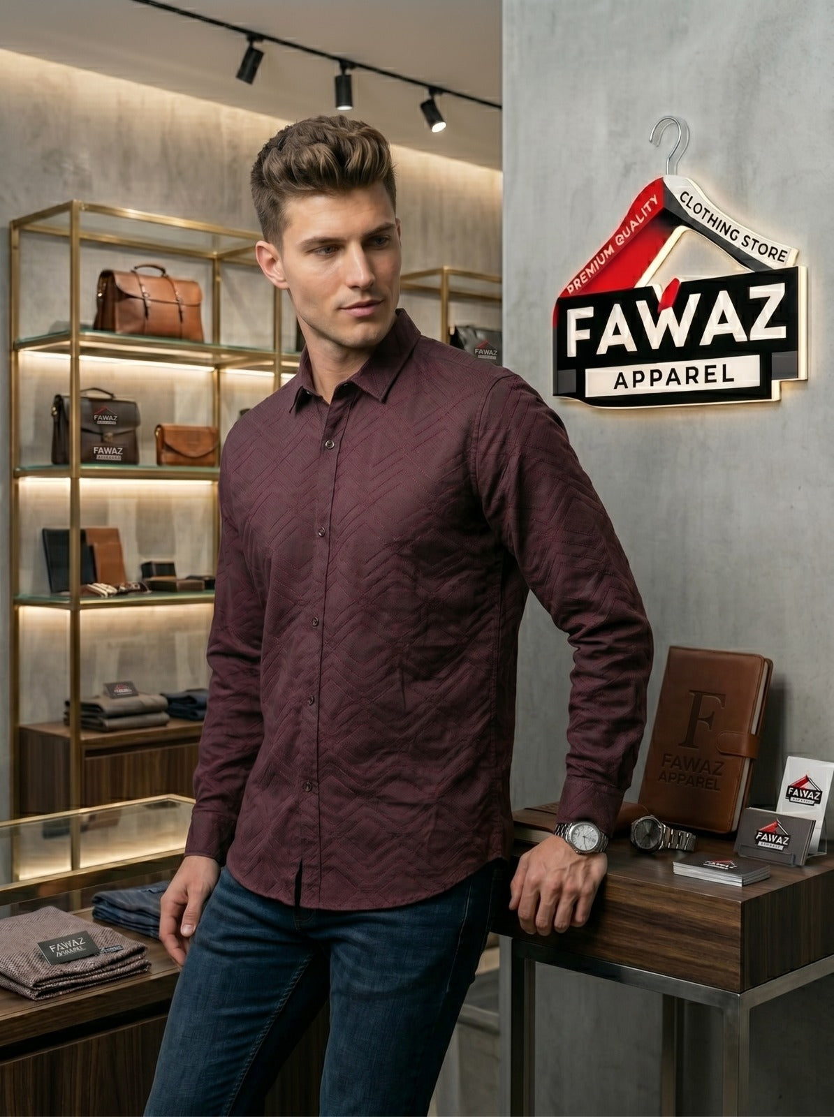 Geometric Luxe Button-Down Shirt – Men’s Burgundy Textured Long Sleeve Casual Shirt